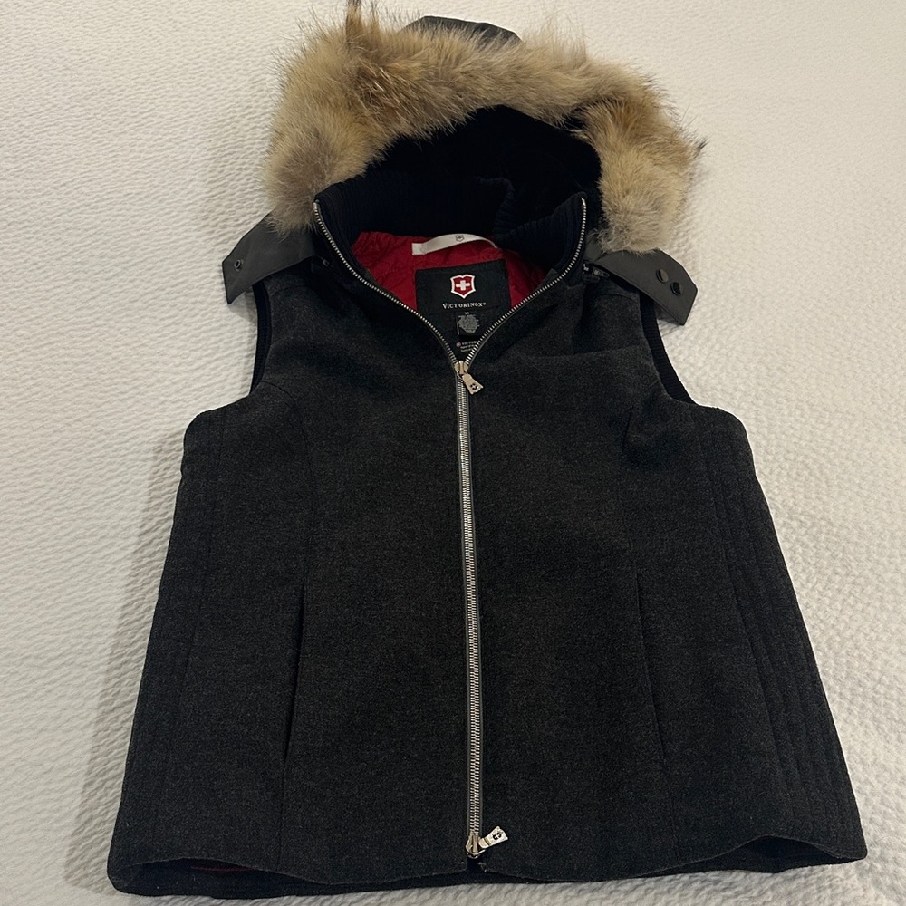 Grey Hooded Vest with Faux Fur Trim